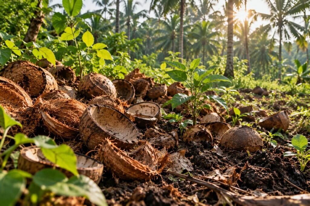 Pertumbuhan Hijau di Tumpukan Kelapa